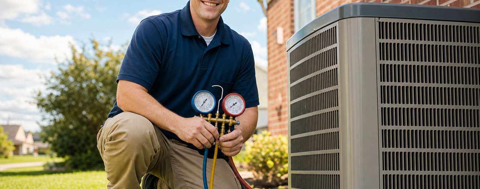 Airo HVAC technician servicing an outdoor AC unit at a Tulsa home